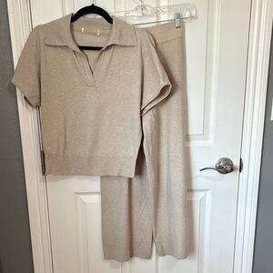 Women's V-Neck Sweater and pants set  in Tan